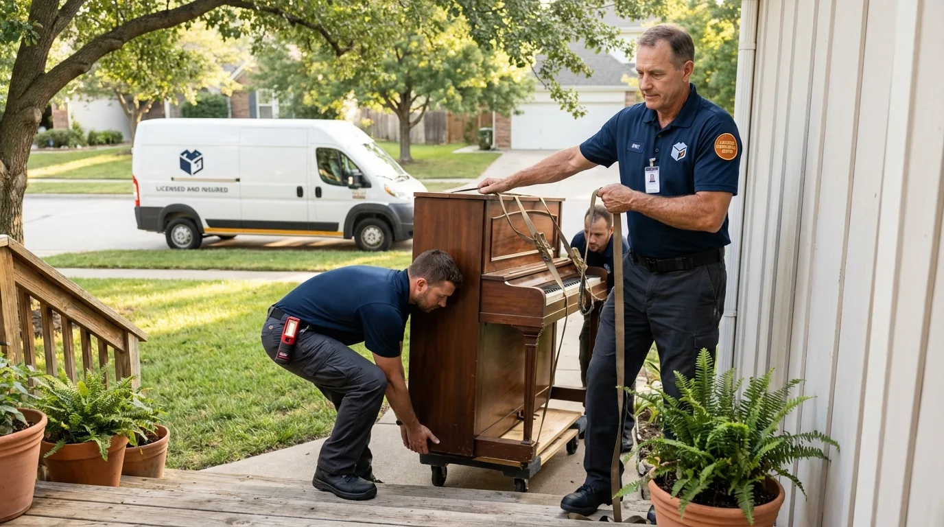 Licensed piano movers securing grand piano in Sidney, IL