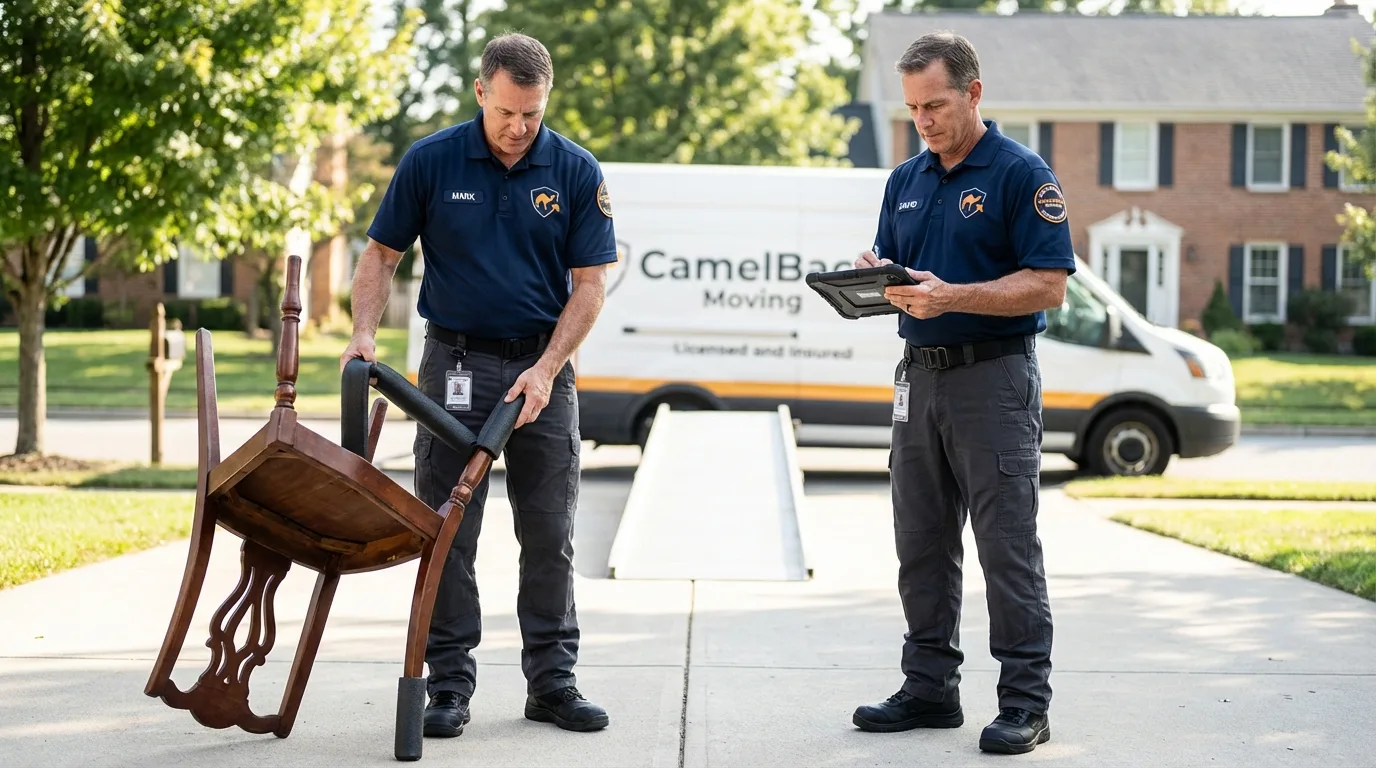 Movers inspecting furniture for damage prevention before loading in Sidney, IL