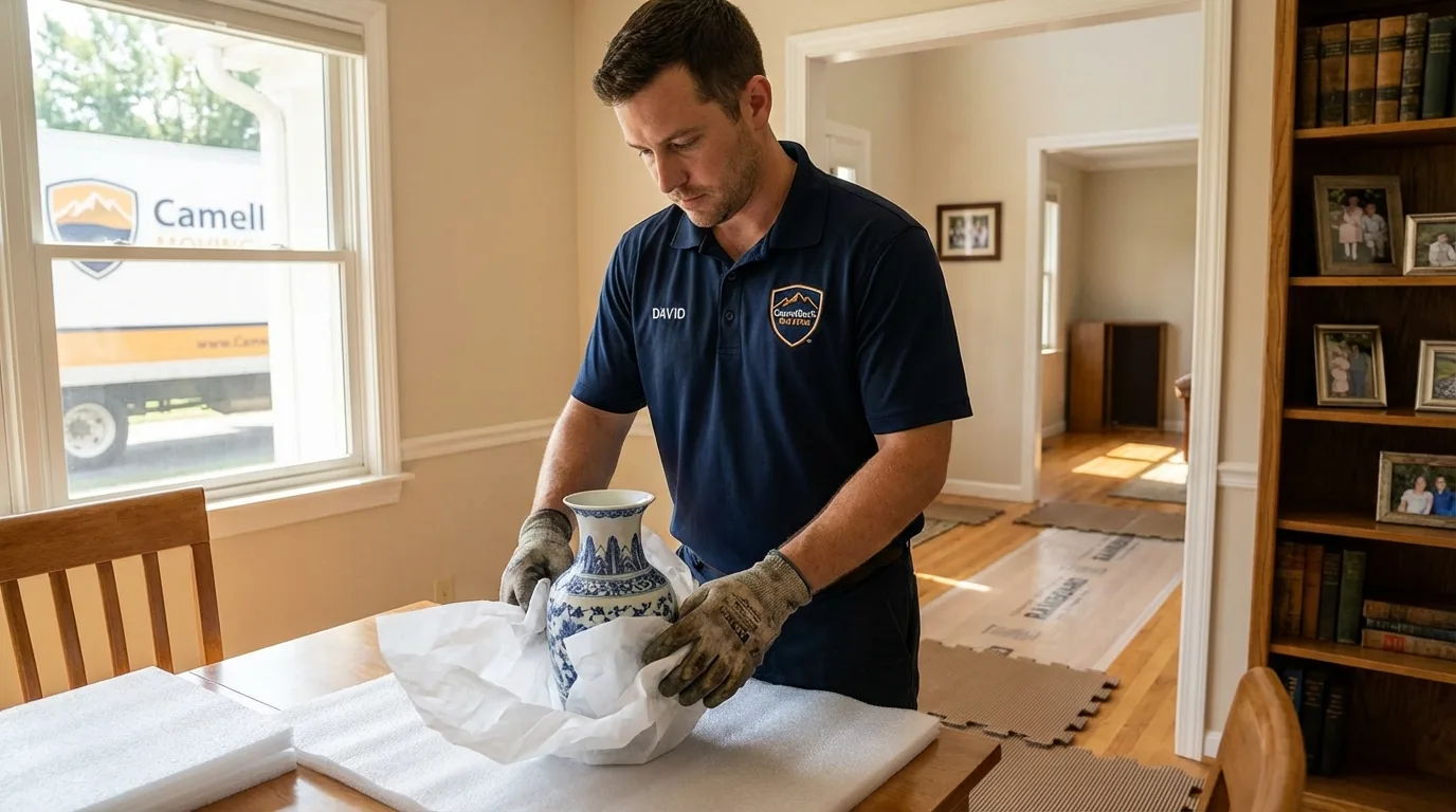 Professional crew carefully wrapping antique vase for senior downsizing move in Sidney, IL